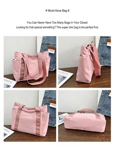 Multi-angle details of pink canvas tote bag showing side pocket and spacious structure