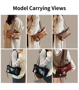 Collage of glossy leather shoulder bags in brown, black, and wine red with charms