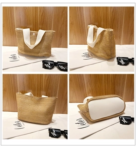 Detail views of woven straw tote bag with white canvas straps and reinforced base
