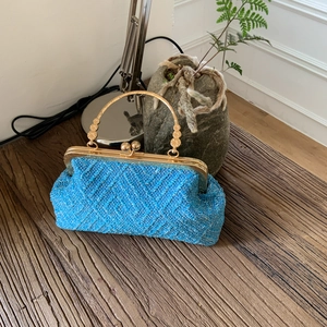 Elegant blue woven tweed evening clutch bag with gold metal frame and handle for women