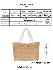 Size chart and dimensions for the woven straw tote bag with white faux leather handles