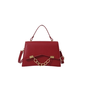 Fashionable red leather box bag with gold chain and matching shoulder strap for women