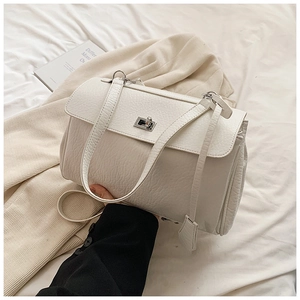 Detail of white lychee leather handbag featuring silver twist lock and accordion structure