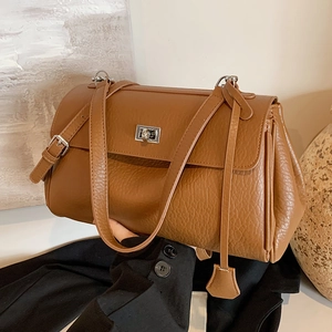 Women Litchi Grain PU Leather Shoulder Bag Fashionable Handbag With Silver Rotating Lock Flap Large Crossbody Bag