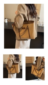 Three views of a khaki large-capacity tote bag styled on a shoulder in a cafe