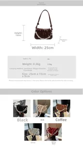 Detailed size chart and multi-color display of pleated cloud bags with pearl chains