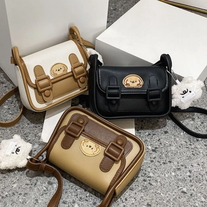 Sac À Bandoulière En Cuir PU Rétro Bloc De Couleur Broderie Chien De Dessin Animé Double Boucle Mignon Pour Femmes Avec Charme