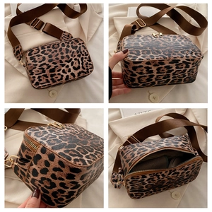 Detailed views of leopard print crossbody bag with gold zippers and adjustable strap
