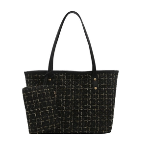 Classic black and gold tweed tote bag set with matching pouch and faux leather straps