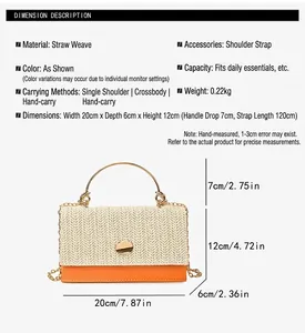 Detailed size specifications for the straw crossbody bag with orange leather base