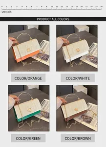 Detail view of woven leather handbags in four colors with gold chain straps and metal handles