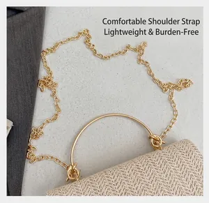 Close-up of woven cream handbag with gold circular handle and fine metal chain strap