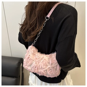 Pink tulle 3D rose shoulder bag with silver metal chain and floral pleated texture