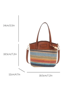 Rainbow striped woven tote bag with brown leather handles and adjustable shoulder strap