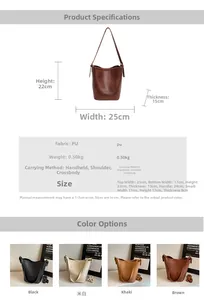 Detailed dimension guide for vintage brown PU leather bucket bag with size comparisons