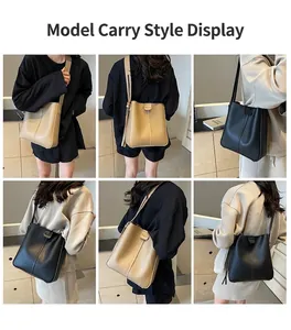 Detailed views of women large capacity crossbody bucket bags in black and khaki colors