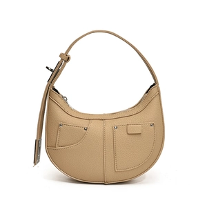 French vintage crescent shoulder bag in light brown litchi pattern faux leather