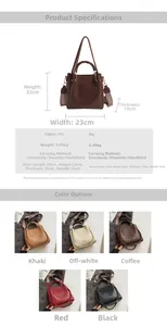 Detail view of stylish bucket bag showing size 23x22x10cm and five color options