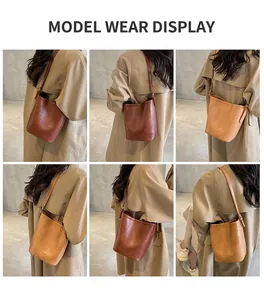Detailed views of adjustable strap bucket bag in dark brown and light tan colors