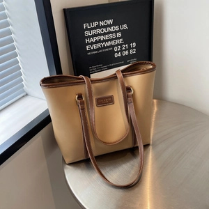 Large capacity khaki and brown colorblock tote bag with top handles for commuting