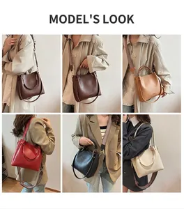 Collage of large capacity bucket bags in six colors with stylish patterned woven straps