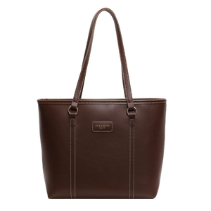 Large capacity dark brown faux leather tote bag with white stitching and long straps