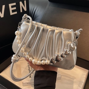 Women Ruched Underarm Bag Glossy PU Leather Cloud Shoulder Bag With Artificial Pearl Heart Chain Crossbody Bag Fashion Handbag
