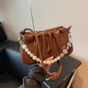 Brown ruched underarm bag with pearl strap and silver heart charms for women