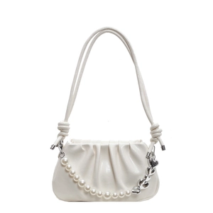 Creamy white pleated underarm bag with pearl heart chain and knotted shoulder strap