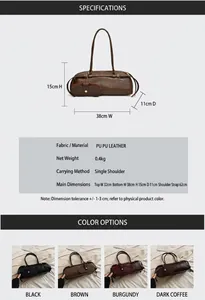 Size chart and color options for large vintage PU leather shoulder bag with dimensions