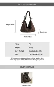 Detailed size chart for leopard print PU leather shoulder bag with drawstring strap