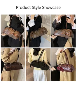 Collage of retro bowling underarm bags in four colors styled with different outfits