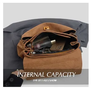 Interior detail of large brown suede tote bag showing spacious capacity and inner pocket