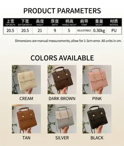 Size chart for chic PU leather backpack with dimensions and adjustable strap details