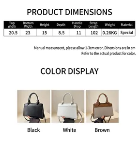 Detailed size chart for saddle crossbody bag showing dimensions and colors