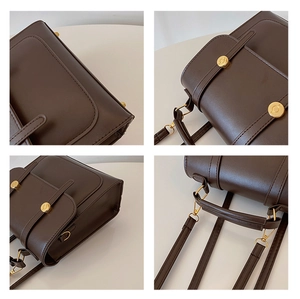 Detailed views of dark brown vintage backpack featuring gold magnetic buckles and PU leather