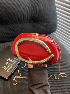 Women Vintage Metal Handle Clutch Bag Glossy PU Leather C Buckle Evening Party Chain Shoulder Crossbody Bag Handbag