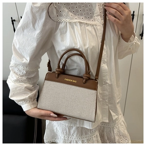 Detail of color-block canvas and leather handbag with Fashion Bag print and slim strap