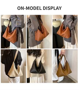 Collage of model carrying various solid color large capacity tote bags in four colors