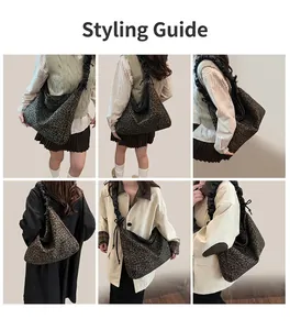 Collage of model wearing leopard print tote bag with black pleated shoulder strap detail