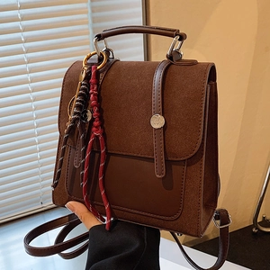 Retro Mini Backpack For Women PU Suede Patchwork Small Travel School Bag With Braided Rope Key Pendant Top Handle Elegant