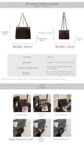 Size chart showing large and small plaid chain tote bag dimensions and wool fabric specs