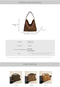 Detailed size chart and color comparison for large leopard print tote bags in brown tones