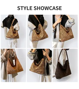 Collage of large hobo shoulder bags in leopard print and brown suede for casual wear