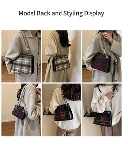 Dettagli della borsa a tracolla in tweed a scacchi con catena e finiture in pelle