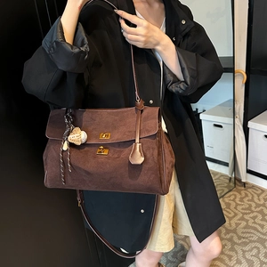 Large brown suede tote bag for women, retro commuter shoulder bag with gold metal buckles