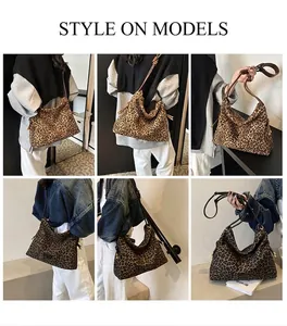 Detail view of large leopard print tote bags in light brown and dark coffee colors