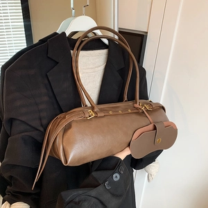 Vintage dark brown Boston bag with long straps and mini pouch for women's daily commute