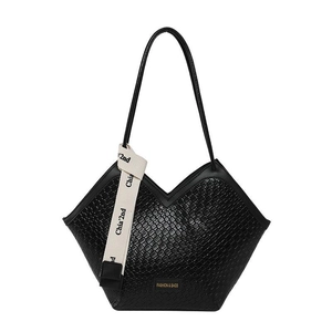 Bolso tote grande negro tejido retro con abertura en V y cinta de seda decorativa