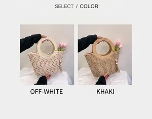 Sacs seaux tressés en crème et kaki avec pompons et poignées rondes élégantes